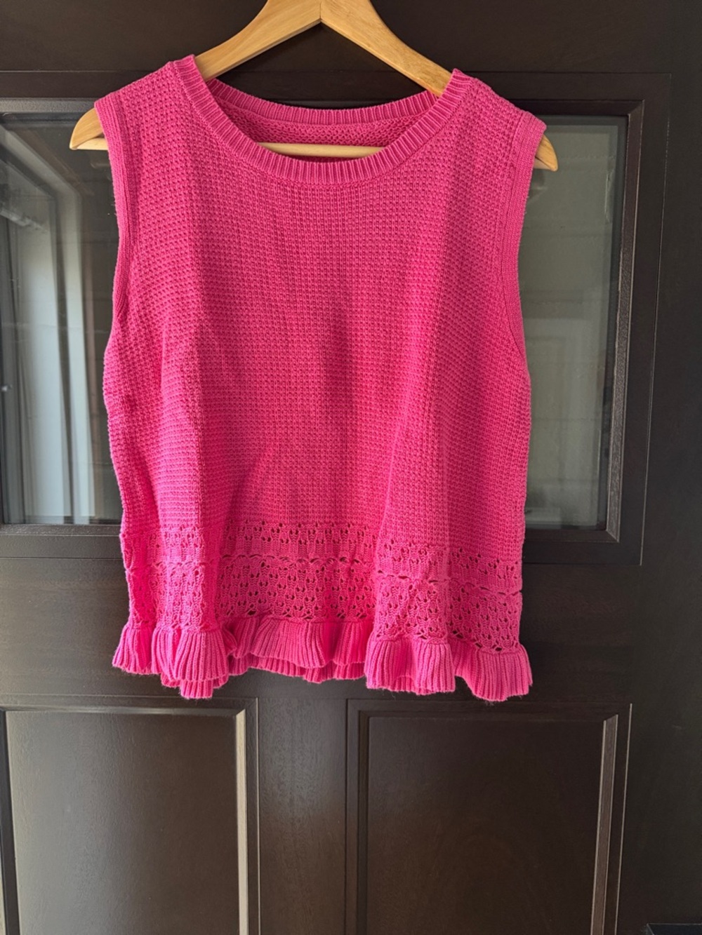 Bright Pink Knit Sleeveless Top with Ruffle Hem